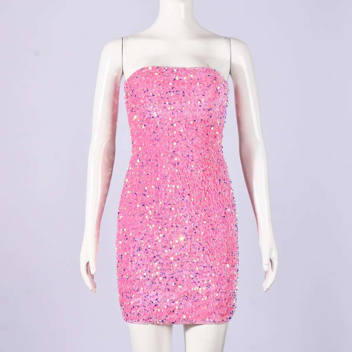 Sexy rosa lantejoulas impressão feminina dupla camada sem alças contas cintas hip-envolto vestido para mulher