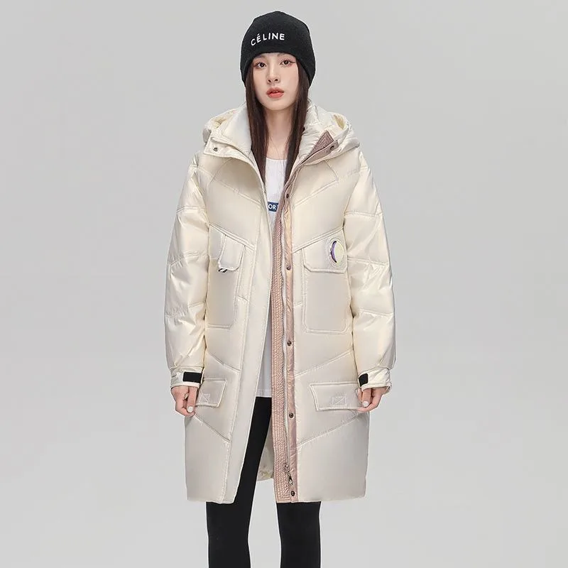 2023 New Women Down Jacket Winter Coat Female Mid Length Version Fashion Parkas Loose Thick Outwear Hooded Versatile Overcoat