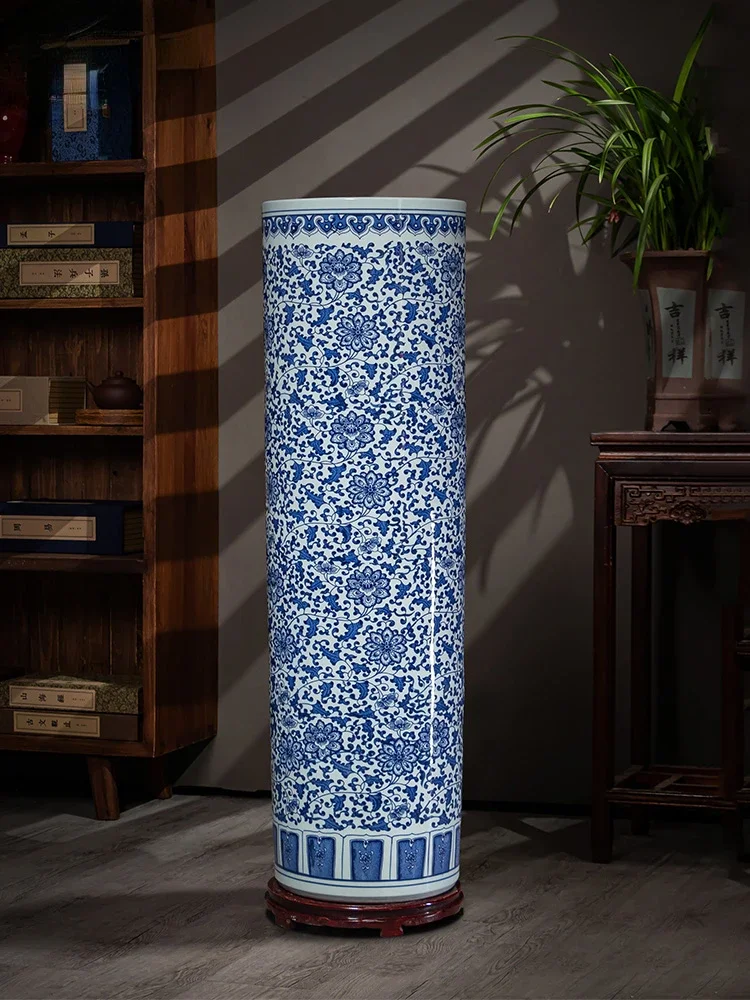 

Jingdezhen Ceramic Large Vase Straight Blue and White Porcelain Porcelain New Chinese Living Room TV Cabinet