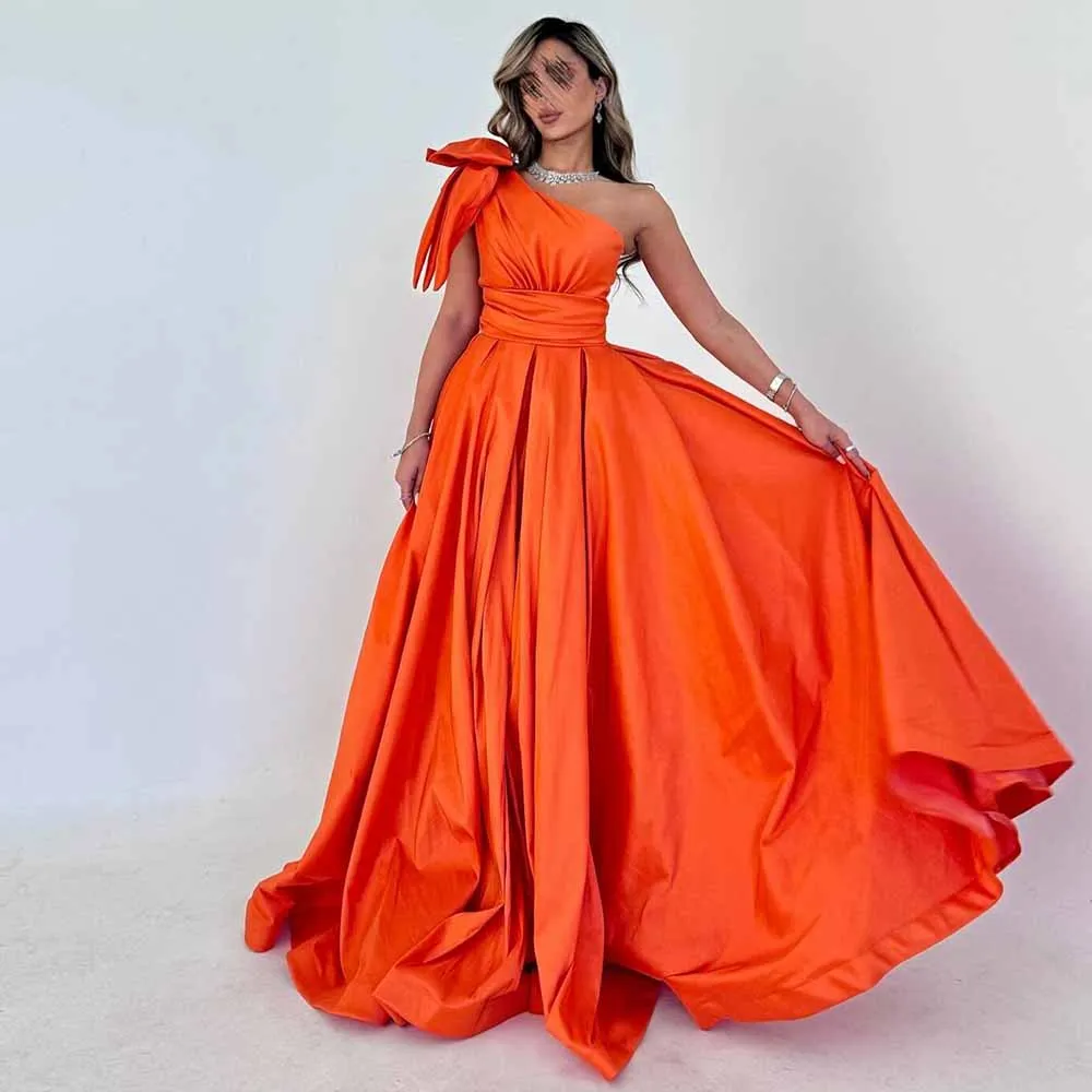 

Elegant Prom Dresses for Women 2025 Satin A-line Evening Dress Orange One-shoulder Bow Pleat Ruched Special Occasion Dress Long