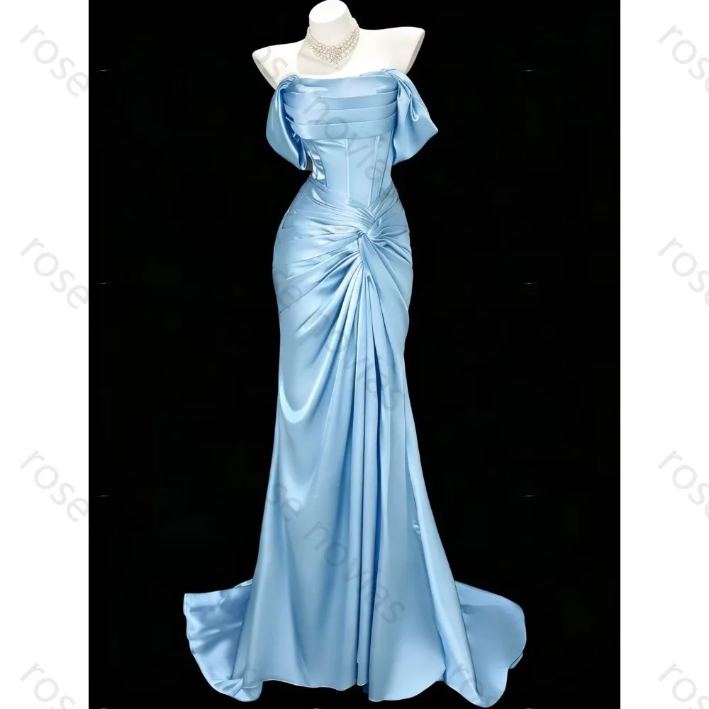 

Customized Satin Sky Blue Evening Dresses A-line Strapless Pleat Classic Elegant High Quality for Bespoke Occasion Party Dress