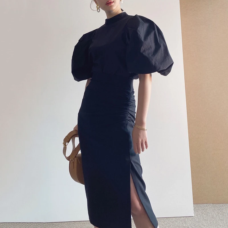 Chic Summer Cold Tone Colletto alla coreana Bubble Sve irt con vita alta Dimagrante Design raccolto Gonna divisa F Set Faion