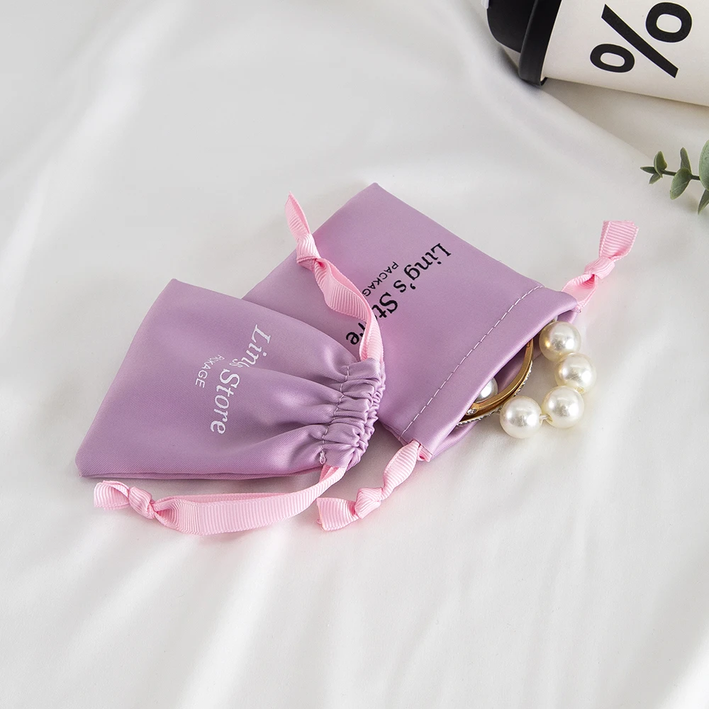 

100pcs Purple Silk Satin Drawstring Jewelry Bag Personalized Logo Packing Pouches Wedding Candy Storage Necklace Ring Organizer