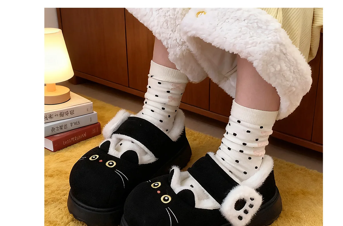 Neue schwarze flauschige Katzenpantoffeln für Damen, bezaubernde Tier-Schuhe, flauschige Hausschuhe, Damen-Winter-Plüsch-Mary-Jane-Slipper. – Detail 21