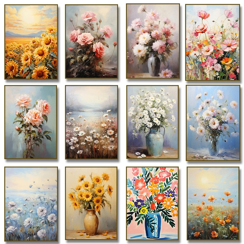 Tableau sur toile imprimé nature morte florale : roses, tournesols, style rustique pour chambre d'enfant, ferme, décoration intérieure, Cuadros