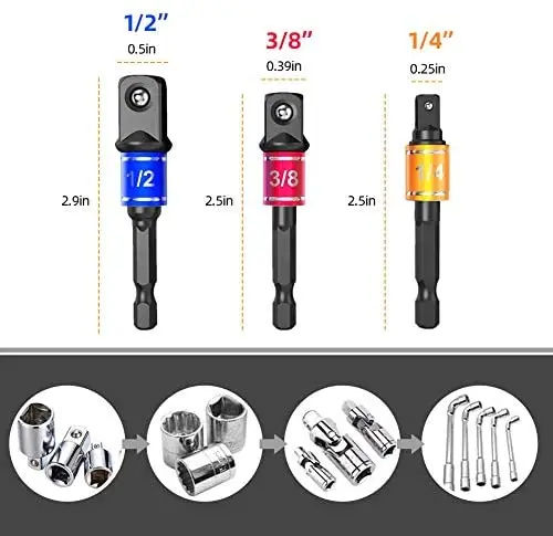 Hex Shank 2pcs Bendable Drill Bit Extension, 3pcs 1/4 3/8 1/2" Universal Socket Adapter,105 Right Angle Drill Extension set