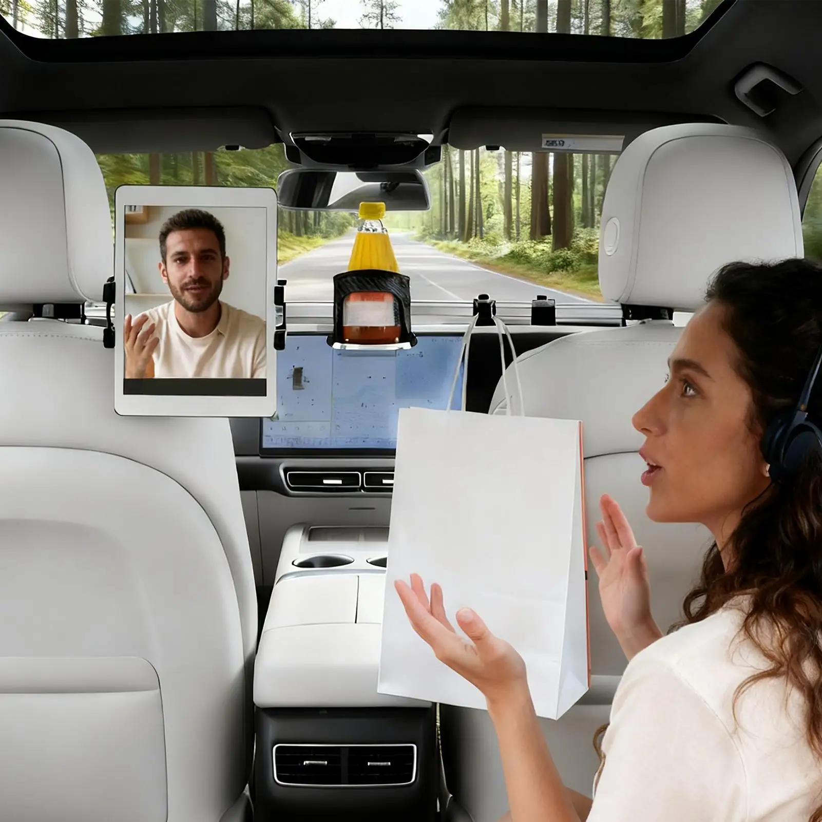 Tablet Mount For Car With Hook Cup Storage Backseat Headrest Tablet Holder Phone Car Mount For Truck SUV RV Sedan Interior Road