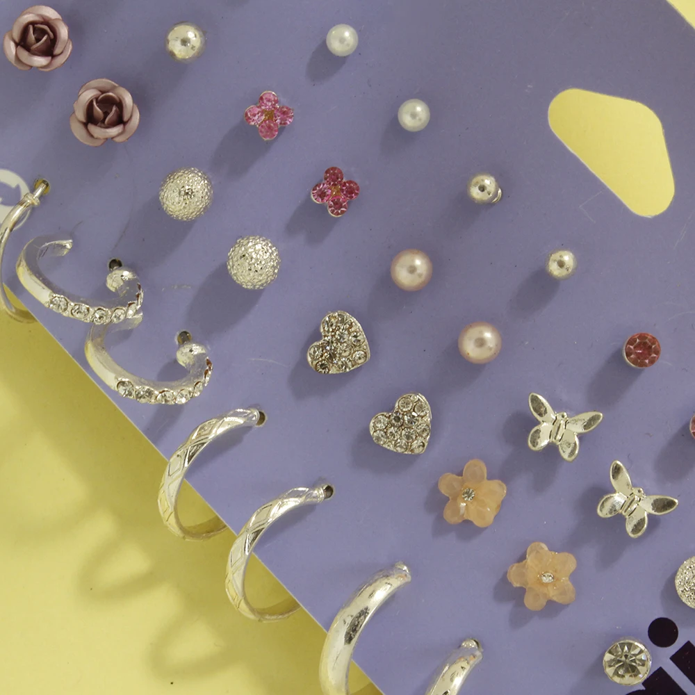 20 Pairs/Set Mixed Styles Fashion Colors Rhinestone Flower Stud Earrings Set For Women Girls Jewelry Party Gift