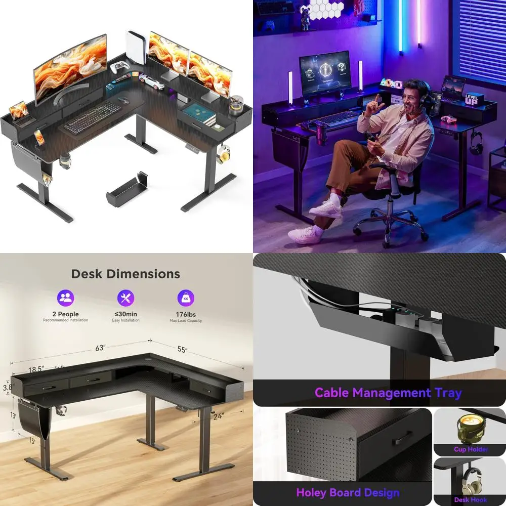 

Электрический L-образный стол с регулируемой высотой, 3 ящиками, полкой для монитора и угловым компьютерным столом для сидения и подставкой