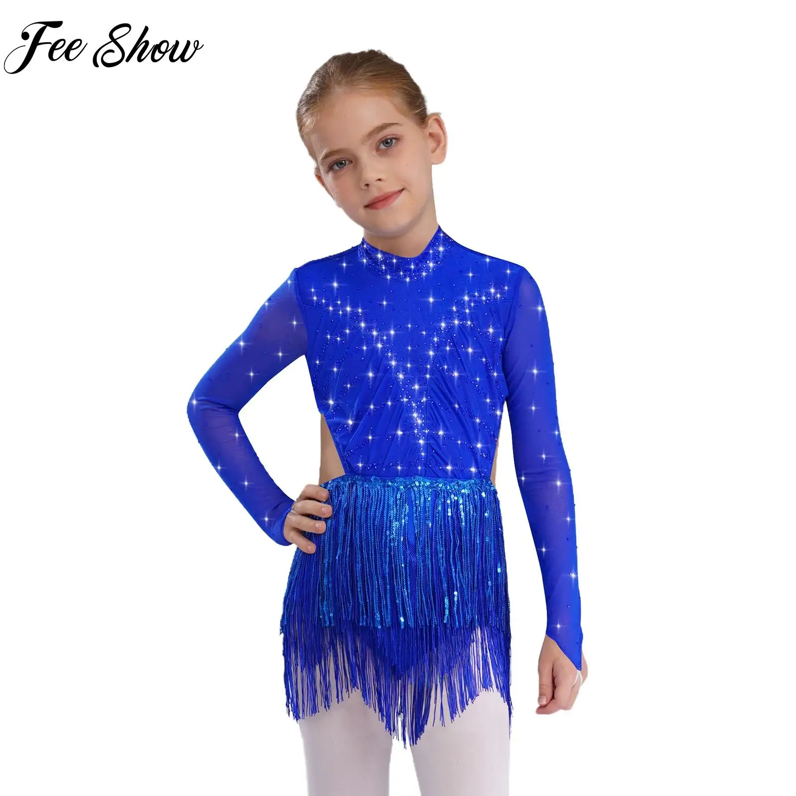 

Girls Professional Latin Dancing Leotard Kids Ballroom Salsa Samba Performance Costume Sequins Tassels Bodysuit Dancewear Set