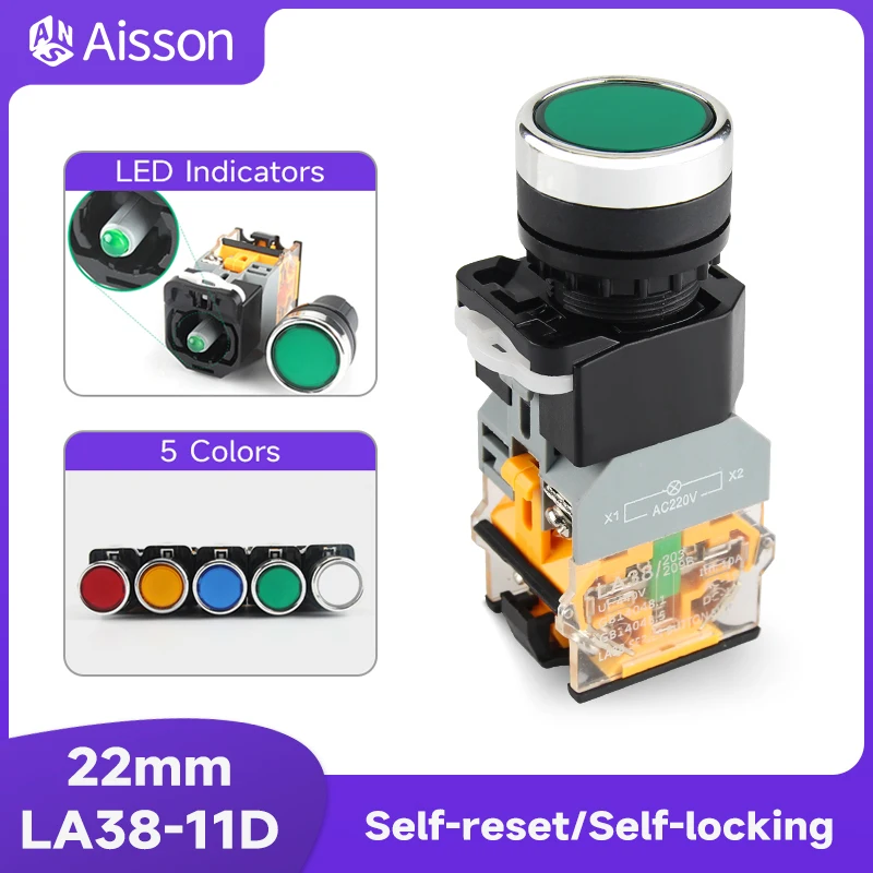 LA38-11D with Light Push Button Switch NO NC Momentary Latching DC 12V 24V AC 220V 380V LED Indicators