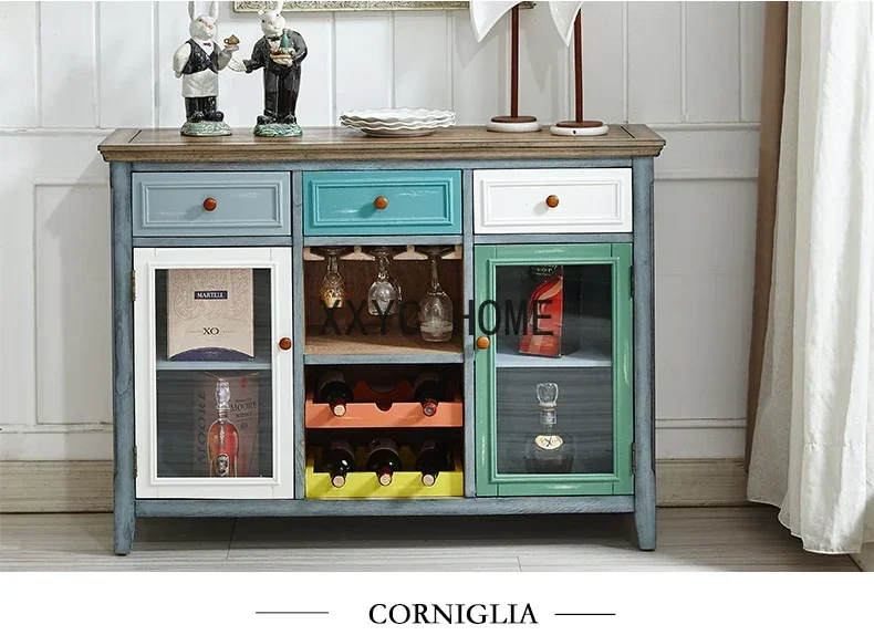 

Mediterranean Sideboard Cabinet Solid Wood American Idyllic Living Room Wine Cabinet Glass Door Entrance Cupboard Tea Cabinet