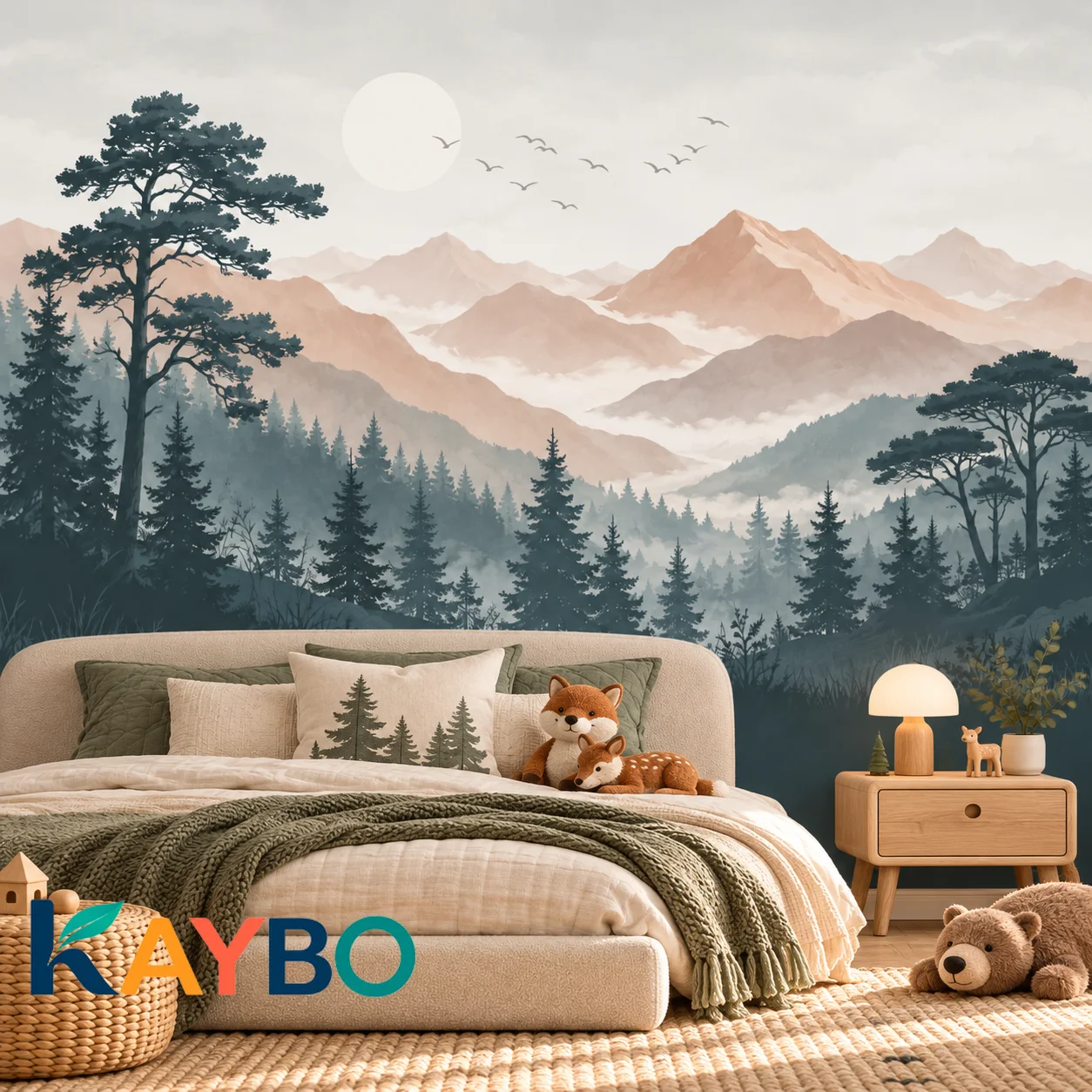 Pastel Mountain Wallpaper Mural, Misty Forest Landscape Wall Decor, Pine Trees, Scenic Nature Art for Bedroom, Non Self Adhesive