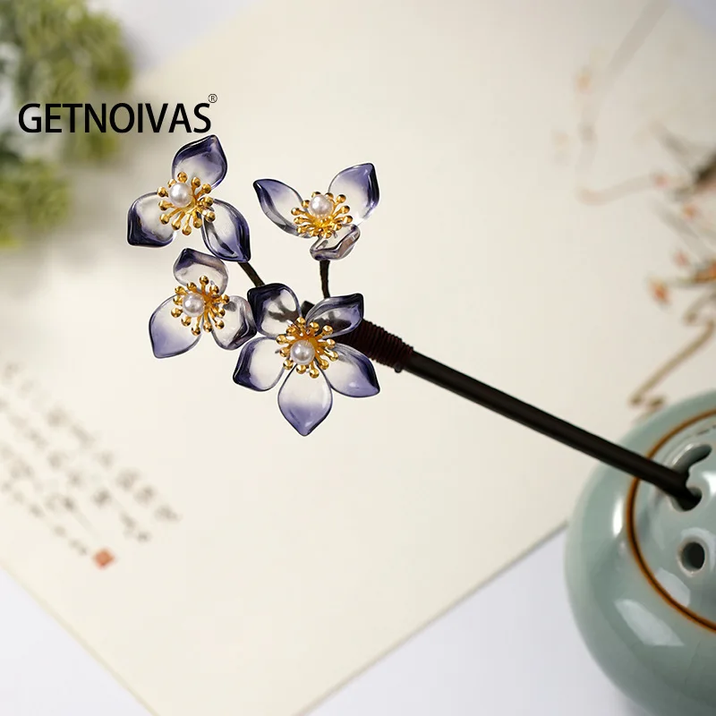 Classic Chinese Flower Hair Stick Pins for Women Handmade Wood Hairpins Charm Jewelry Accessories Hair Ornaments Headdress