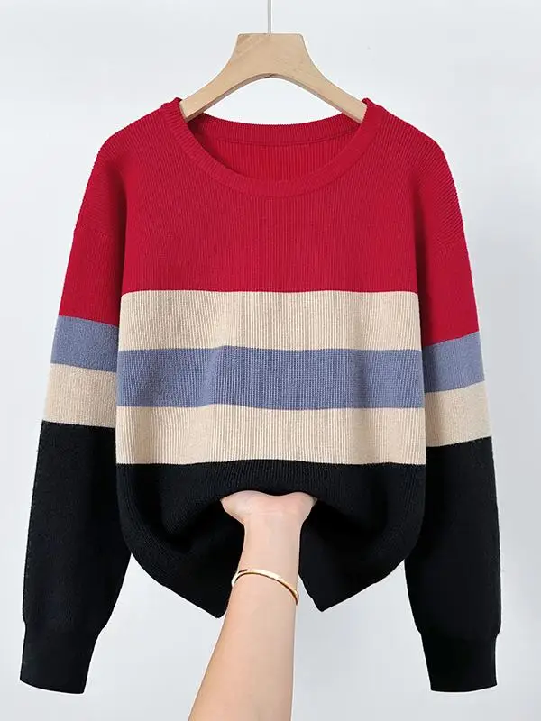 

Свободный вязаный свитер для похудения, круглый цветной полосатый свитер, женский осенне-зимний модный длинный топ против старения