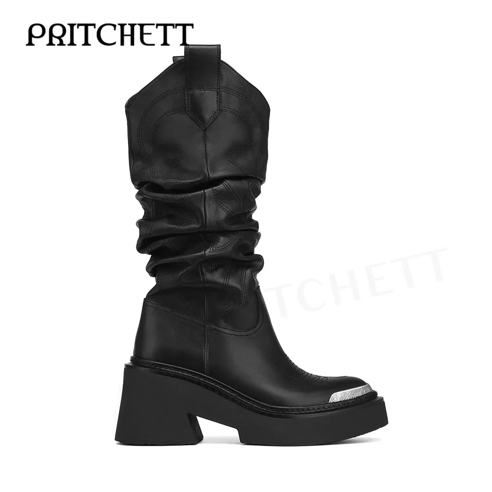 Iron Round Toe Pleated Boots Black Thick Heel Embroidered Pattern Western Boots Casual Personality Fashion Women's Boots