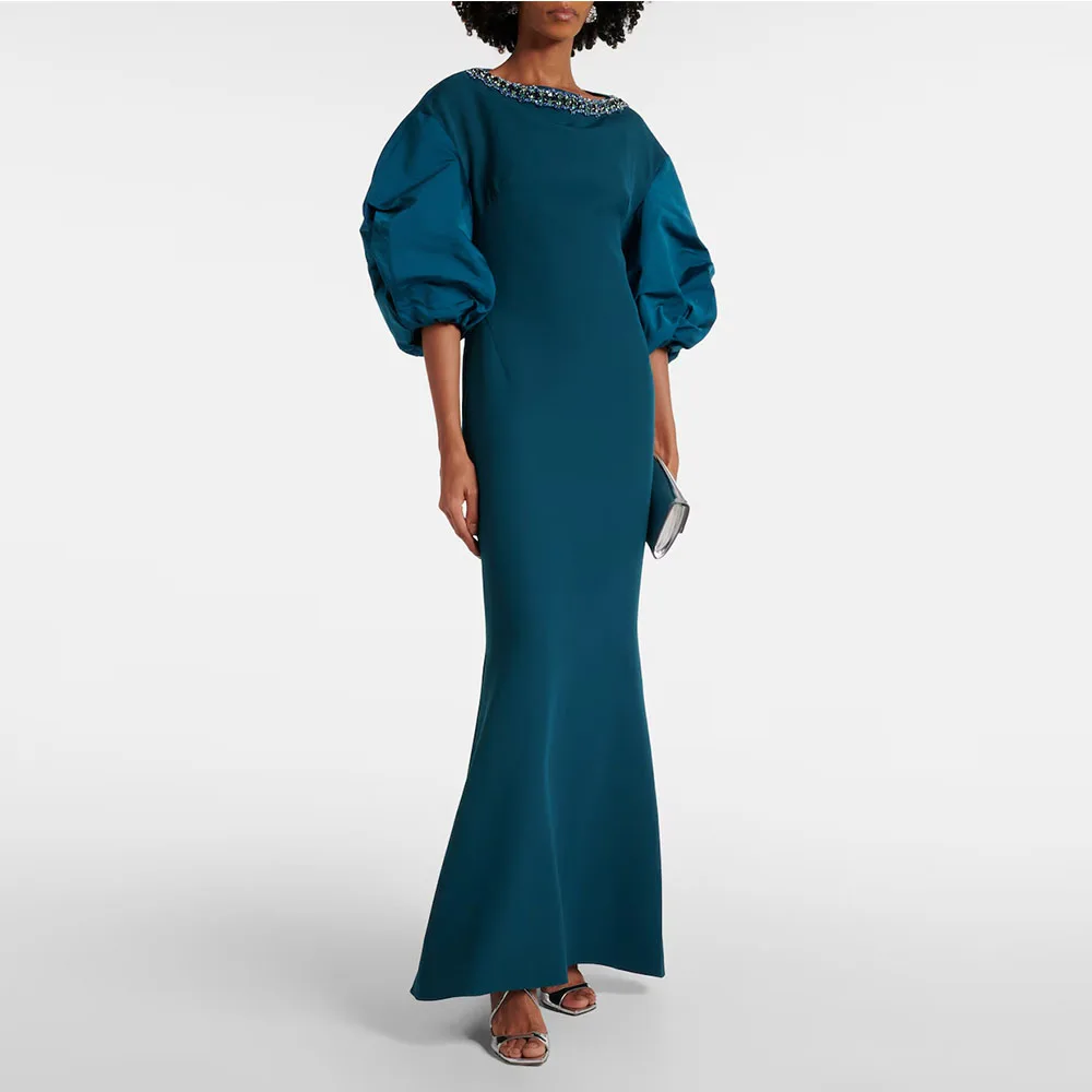 

Modern Green O Neck Evening Gown For Wedding Mermaid Ankel Length Formal Party Dress Beading Prom Dress Puff Sleeves Saudi Dress