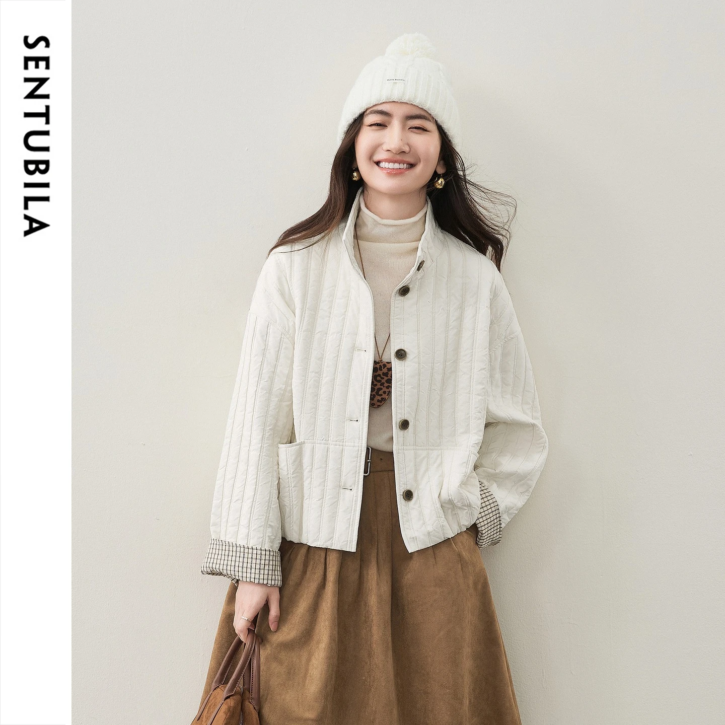 SENTUBILA Women's Winter Jacket 2026 New Stand Collar Color Block Padded Coat Loose Non‑Bulky Commuter Warm Outerwear 164ME7751