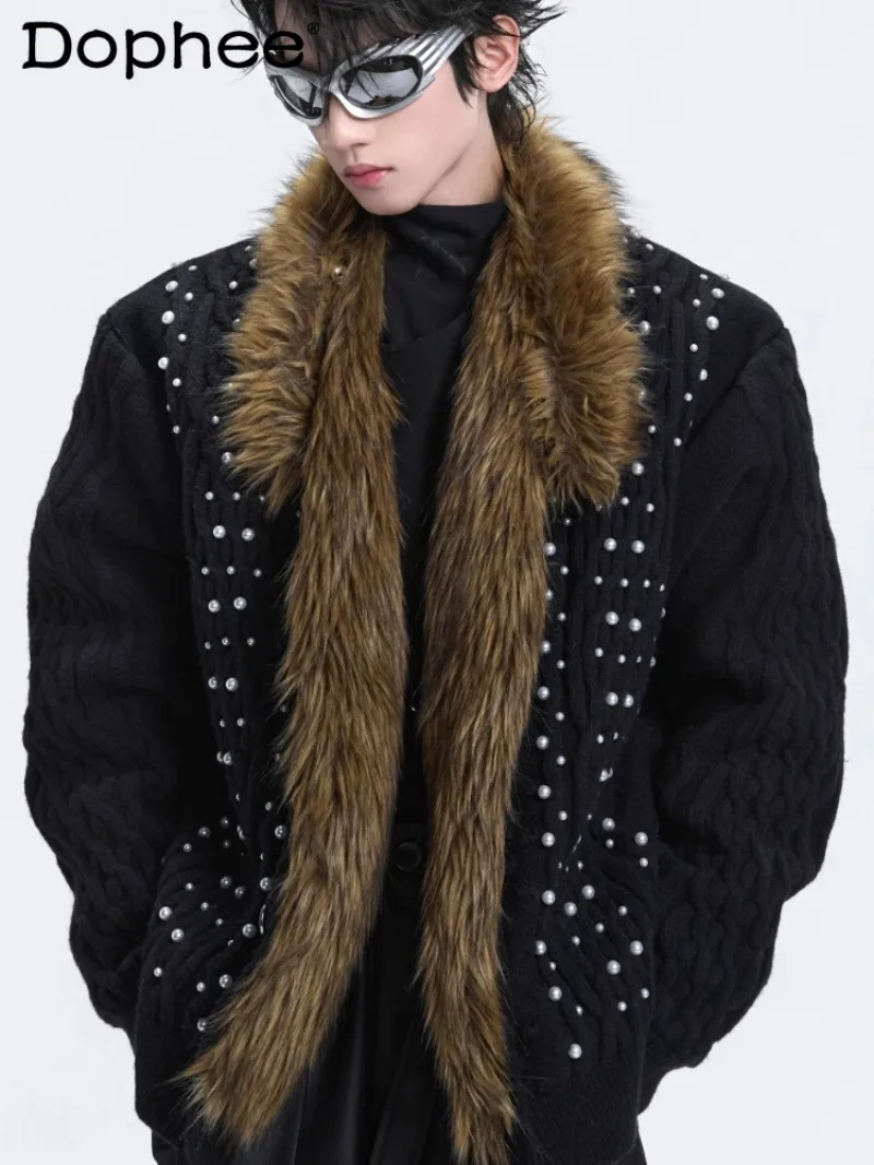 

Winter Retro Fashion Trendy Fur Collar Sweater High-end Feel Fleece-lined Thickened Warm Heavy-duty Pearl Coat for Men