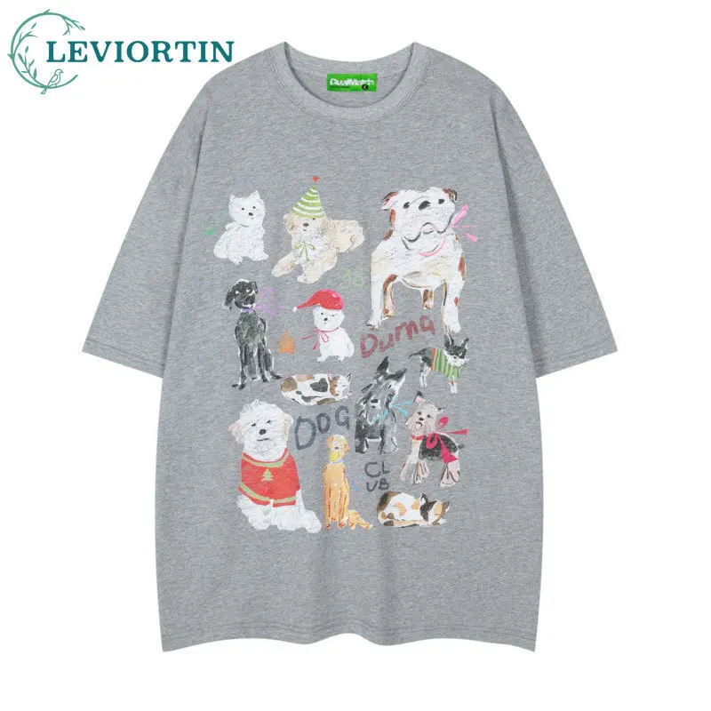 2025 Summer Youth Trendy Loose Simple Casual Couple's Top American Retro Cute Pet Printed Hoodie Round Neck Short Sleeve T-shirt