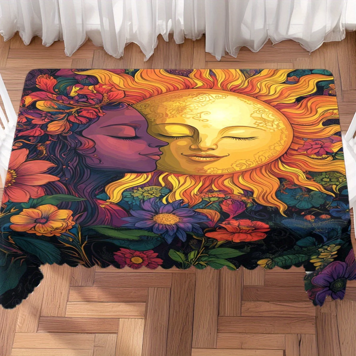 Sun Moon Face Colorful Floral Tablecloth, Soft Rectangular Washable Table Cover Daily Dining & Warm Family Gathering Decoration