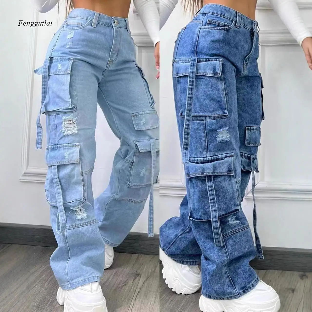New Style Plain-Color Versatile Plus-Size High-Waist Multi-Pocket Casual Workwear Denim Long Pants