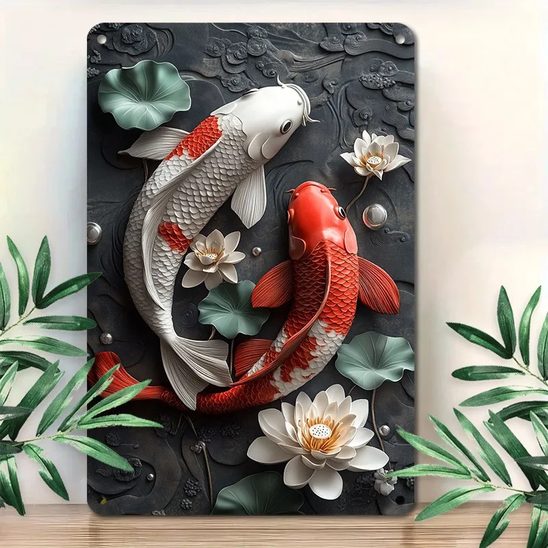 3D - effect Koi Fish - Themed Metal Wall Art, with Lotus Decoration, Ideal for Home Decor, Bringing an Oriental Aesthetic