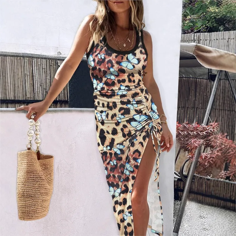 

Fashion Drawstring Sleeveless Bodycon Dress For Women Summer Butterfly Print Slim Long Tank Dress Sexy Party Dresses Vestidos