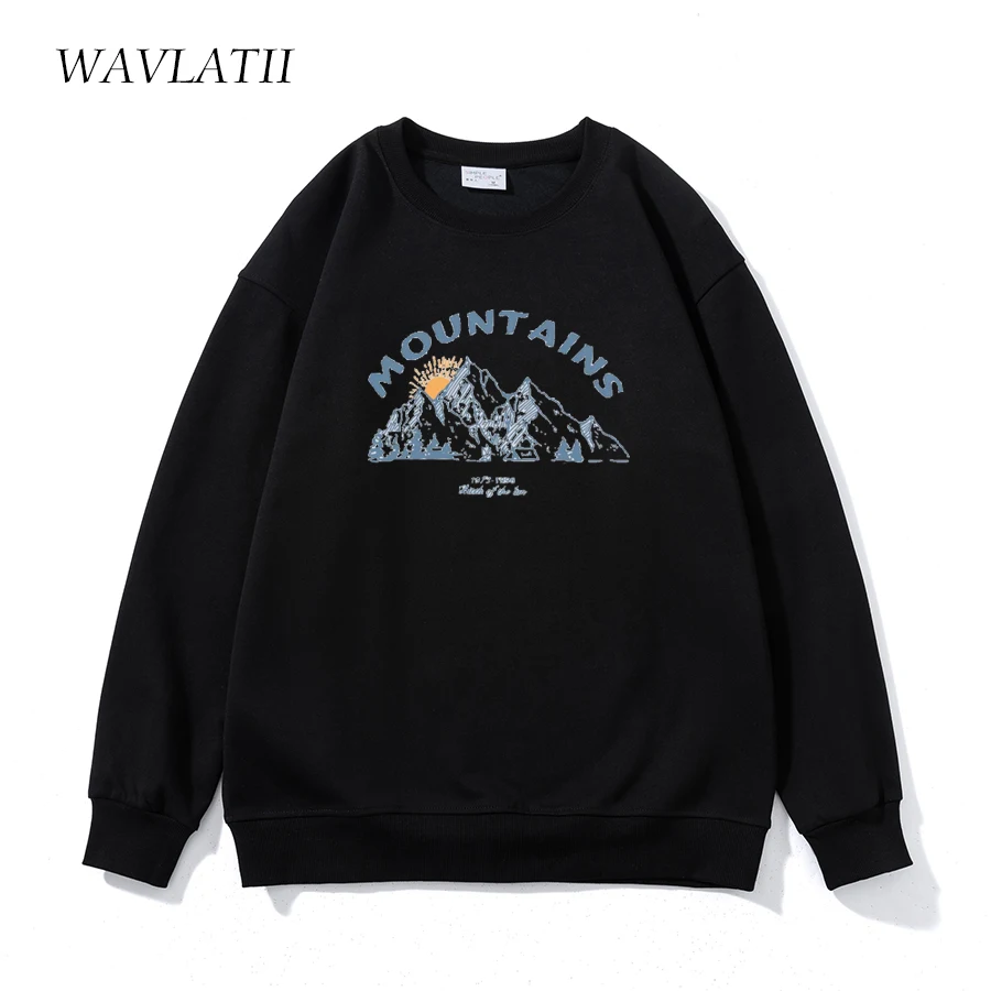 WAVLATII 2022 New Women Black Sporty Sweatshirts Female Dark Grey Casual Mountains Printed Hoodies White Oversized Tops WH2223