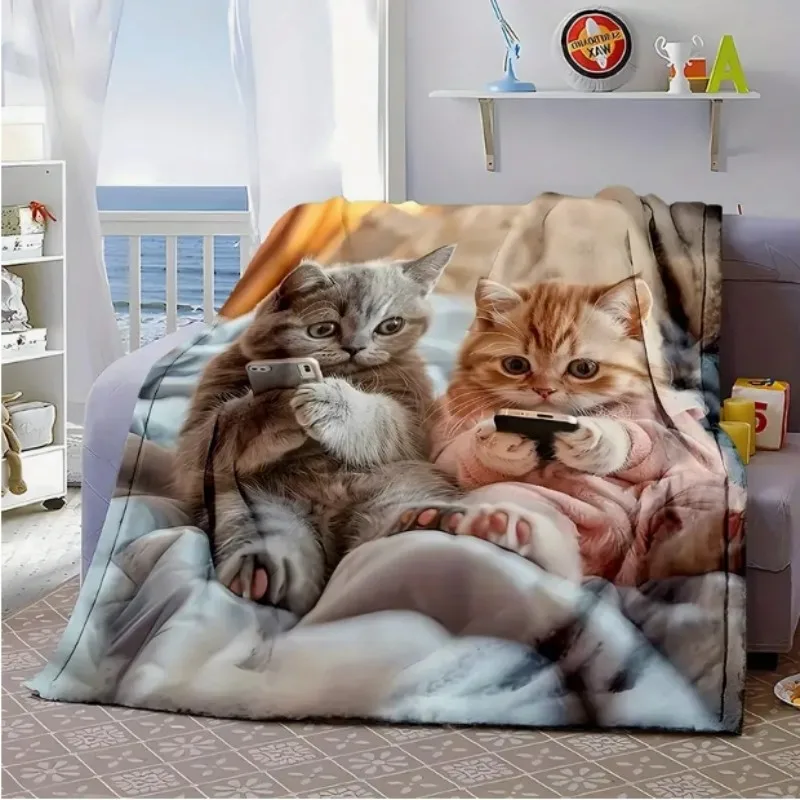 VIKAMA Cat-Print Flannel Blanket Soft and Skin-Friendly Living Room Sofa Nap Throw Warm Autumn/Winter Office Rest Blanket