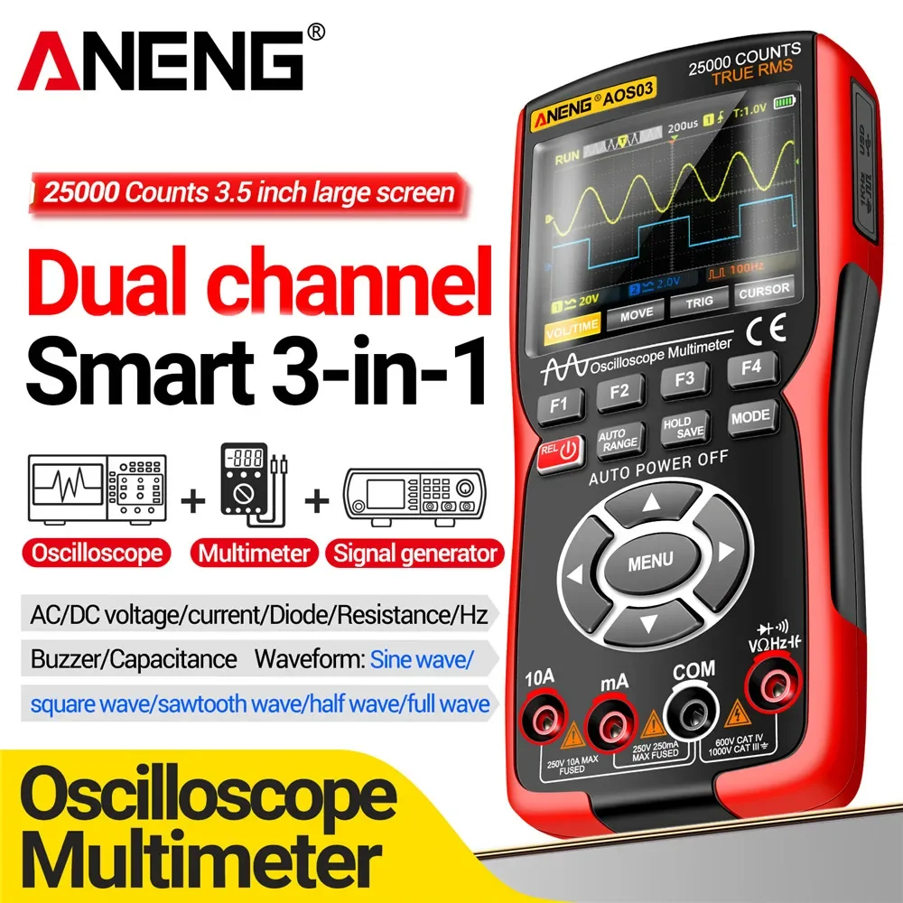 ANENG Digital Oscilloscope Multimeter 50MHz Bandwidth 280MSa/s Signal Generator Waveform Data Storage Dual Channel Tester AOS03