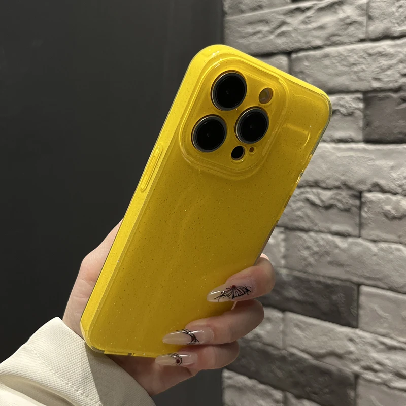 Coque de téléphone à paillettes jaune fluorescent brillant, étui en Silicone souple pour iPhone 17 16 15 13 14 12 11 Pro Max 16e XS XR X 7 8 Plus SE