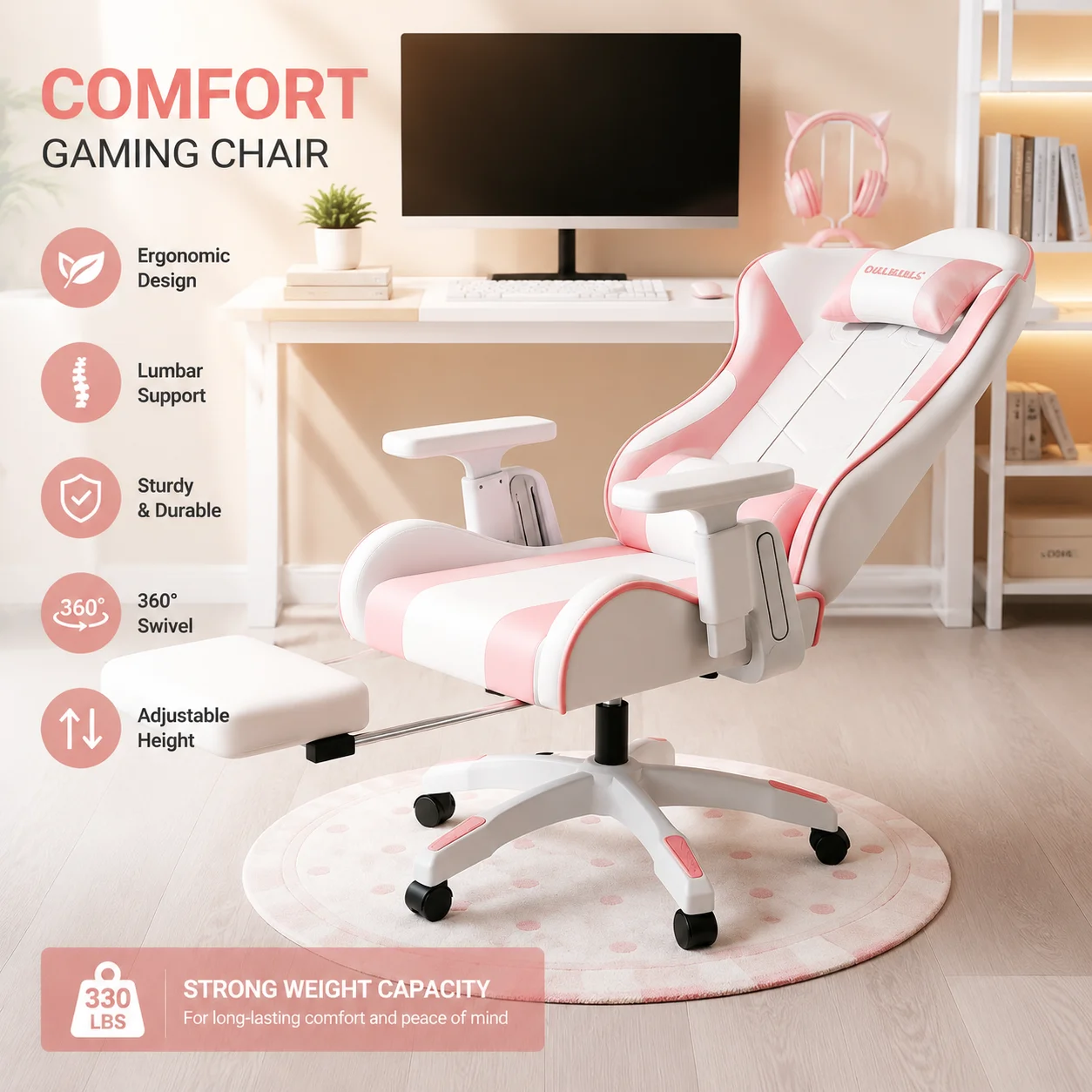 Pink Ergonomic Gaming Chair for Girls – Comfortable Desk Chair for Bedroom and Extended Sitting