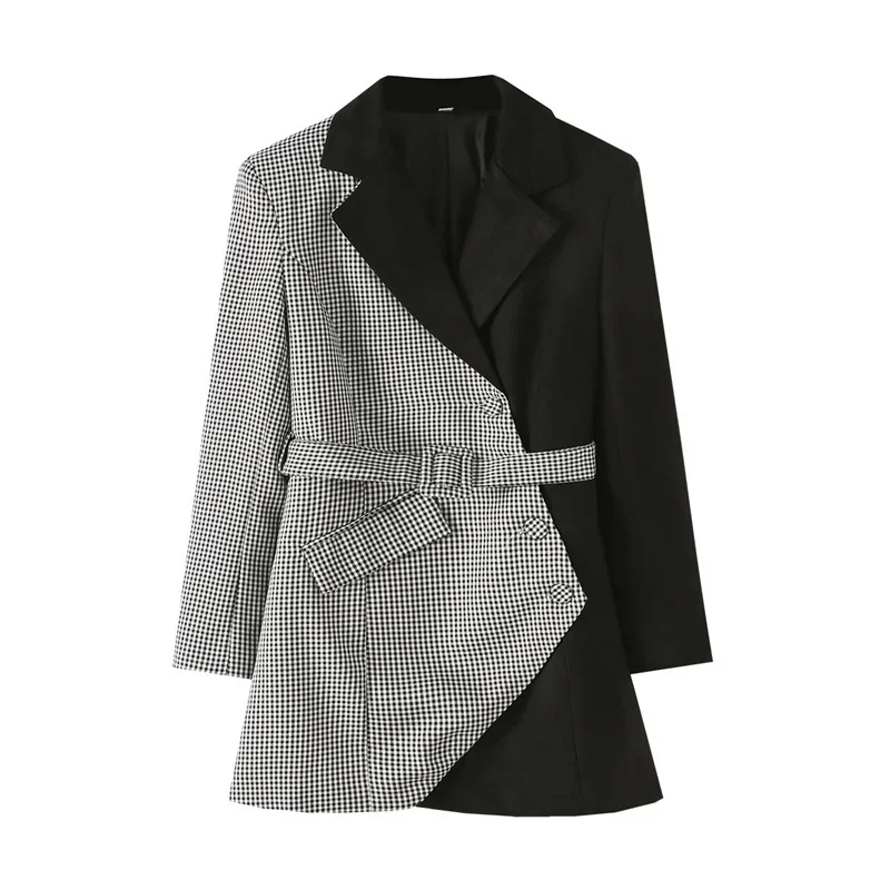 

Irregular Contrast Color Plaid Patchwork Black Suit Jacket With Belt Casual Single-breasted Long Sleeve Slim Short Blazers Coat
