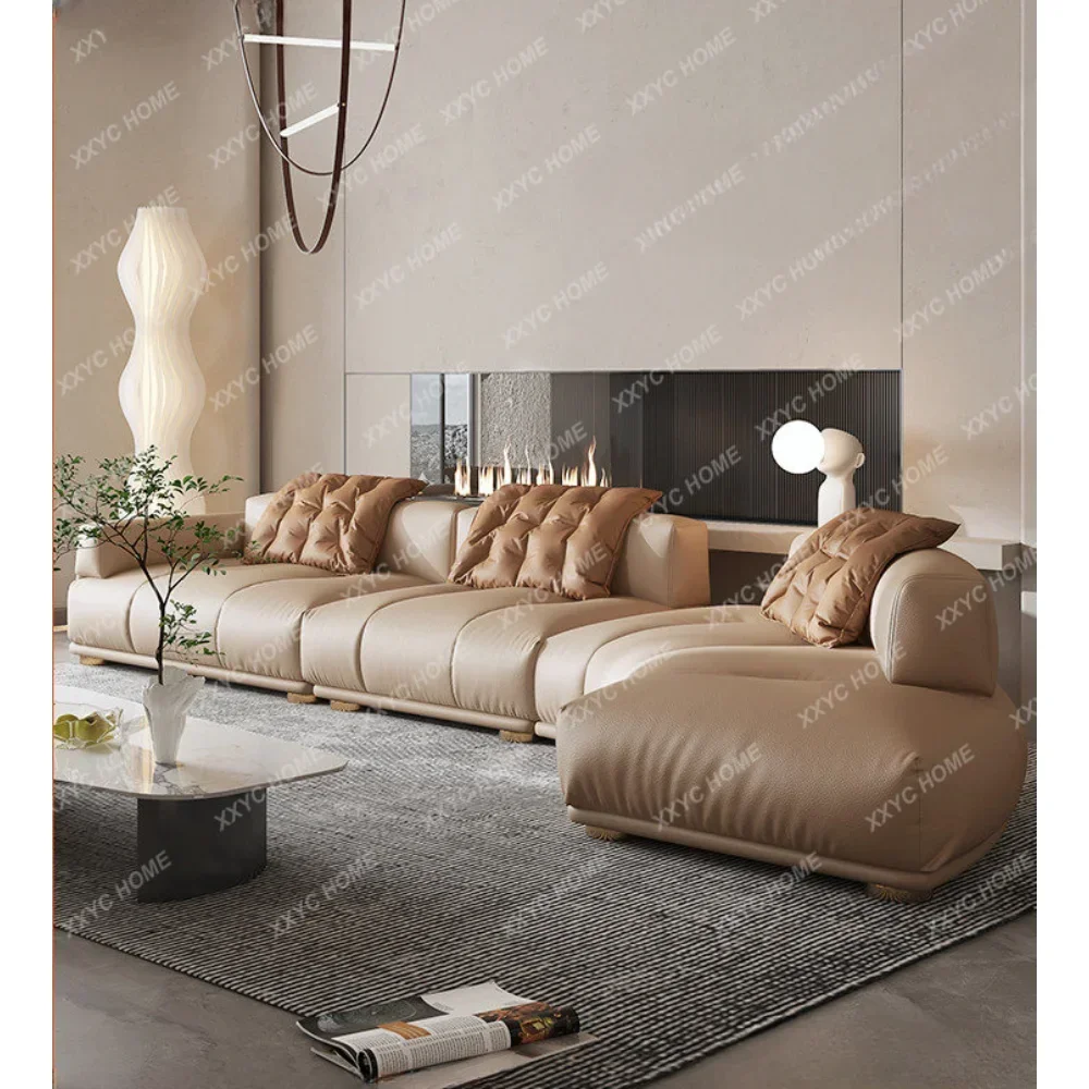 Italian Leather Sofa Light Luxury Modern First Layer Leather Art Sofa Minimalist Large Apartment Living Room Corner Sofa