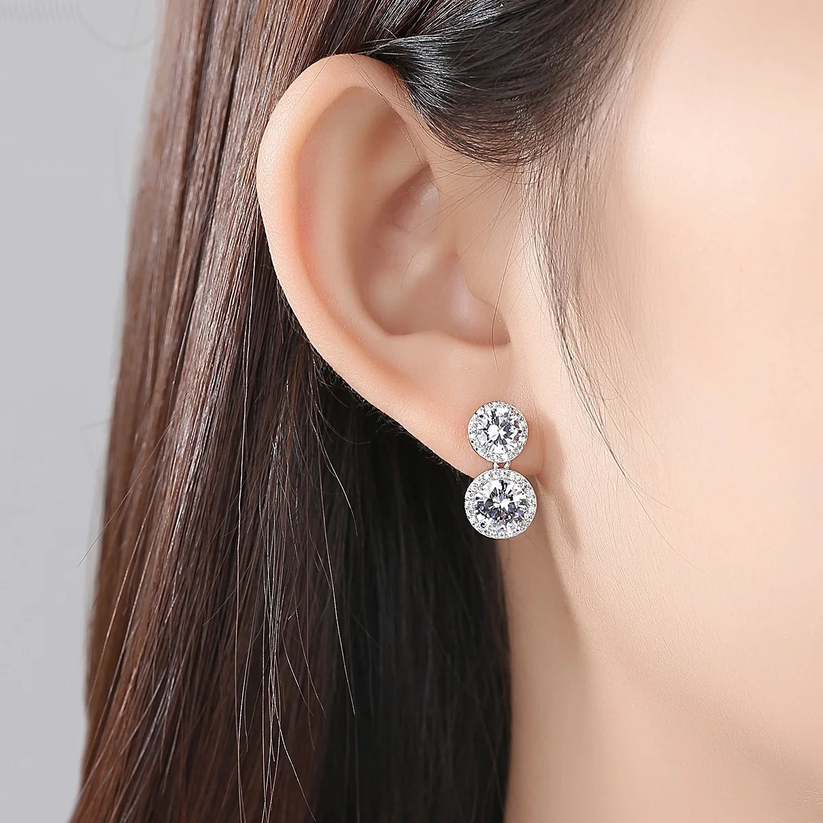 Double Round Halo Cubic Zirconia Drop Stud Earrings For Women 925 Silver Needle Sparkling Two Circle Zircon Earring Wedding Gift