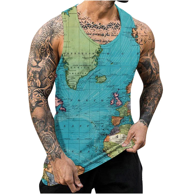 Sommer-Tanktop mit Karten-Grafik, 3D-Druck, Fitness-Kleidung für Männer, Streetwear, Basketball-Weste, Schnelltrocknend, Ärmelloses T-Shirt, Y2K-Oberteil