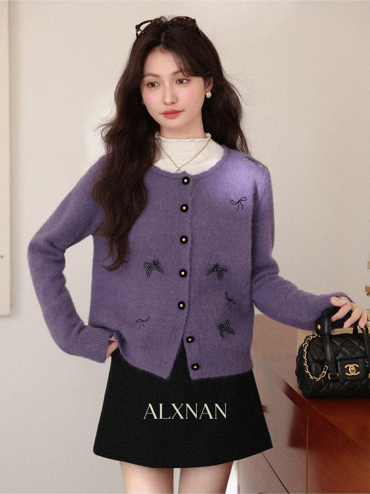 

Фиолетовый вязаный свитер с узлом для женщин, прямой крой, длинный рукав, универсальный кардиган, стройнящий силуэт, осень-зима