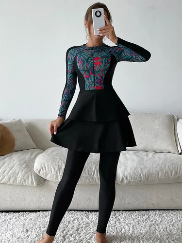 Imagen 1 del producto Burkini islámico modesto para mujer, traje de baño musulmán de manga larga, Hijab, pantalón, Top de leopardo, conjunto de 3 piezas