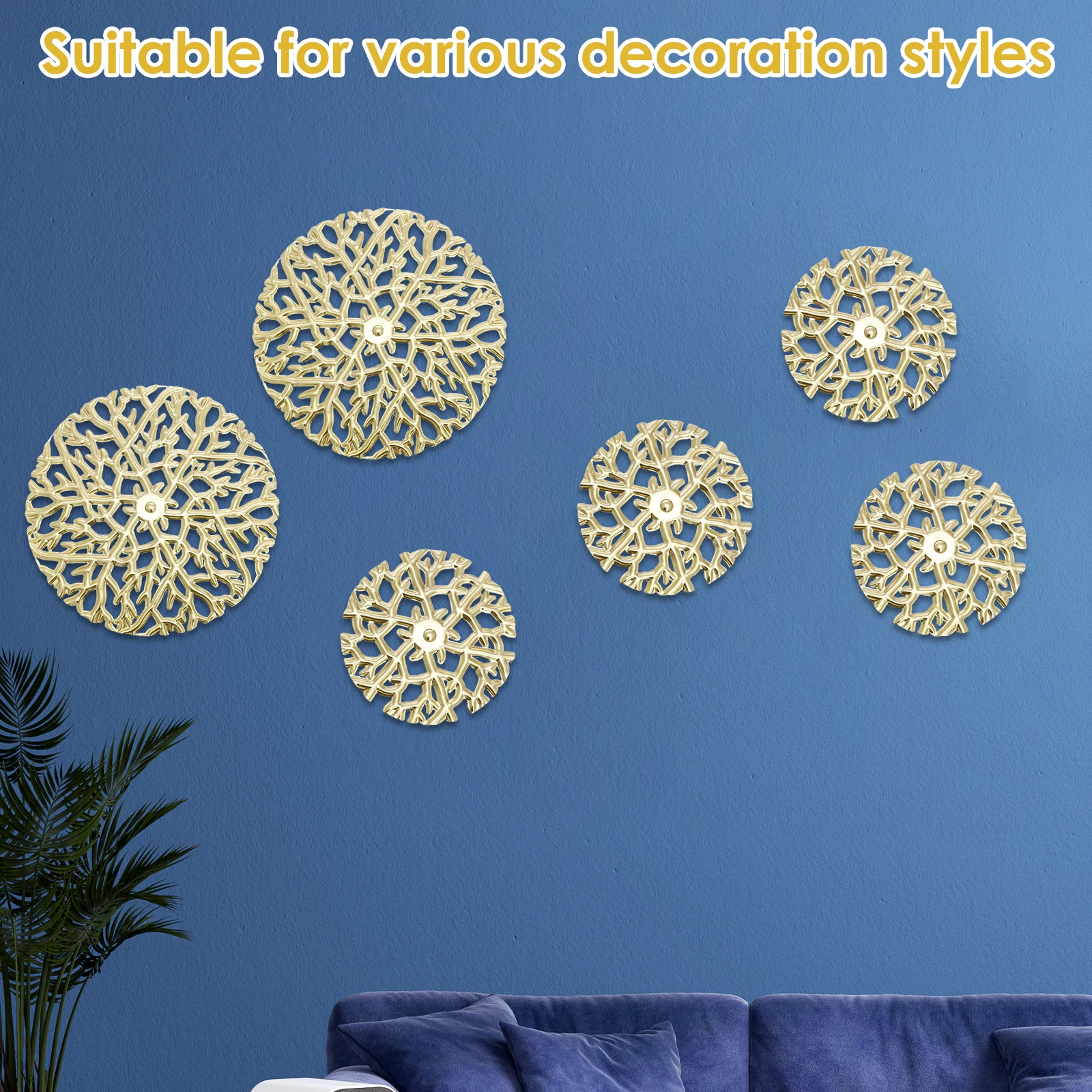6Pcs Gold Tone Metal Hollow Round Branch Decor Rust Resistant Round Branch Hanging Sculptures With Back Hanging Ring for Home
