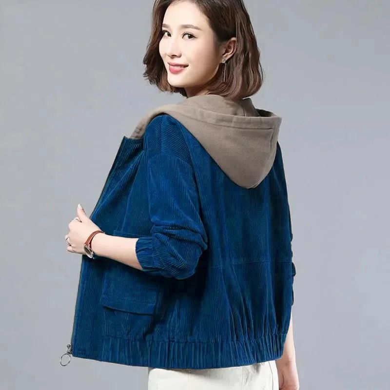 Thick Velvet Corduroy Solid Color  Women's Spring And Autumn New Loose Korean Style Hooded All-match Pocket Winter 