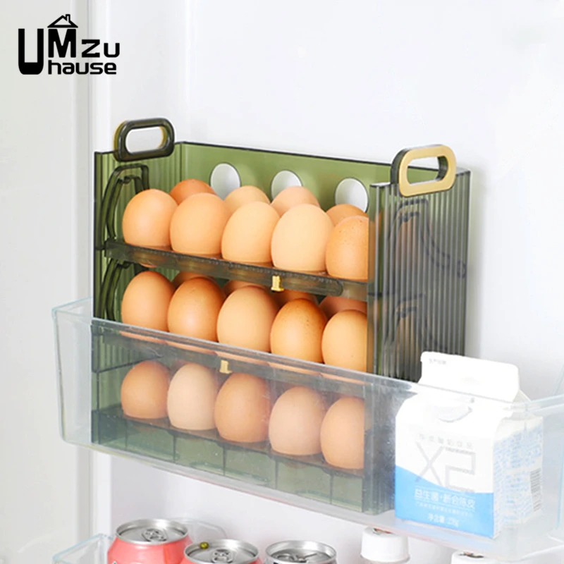 3 Layers Egg Box Clear Refrigerator Door Holder Storage Tray Multi Tier Flip Case with Handle Fridge Shelves Kitchen Organizers