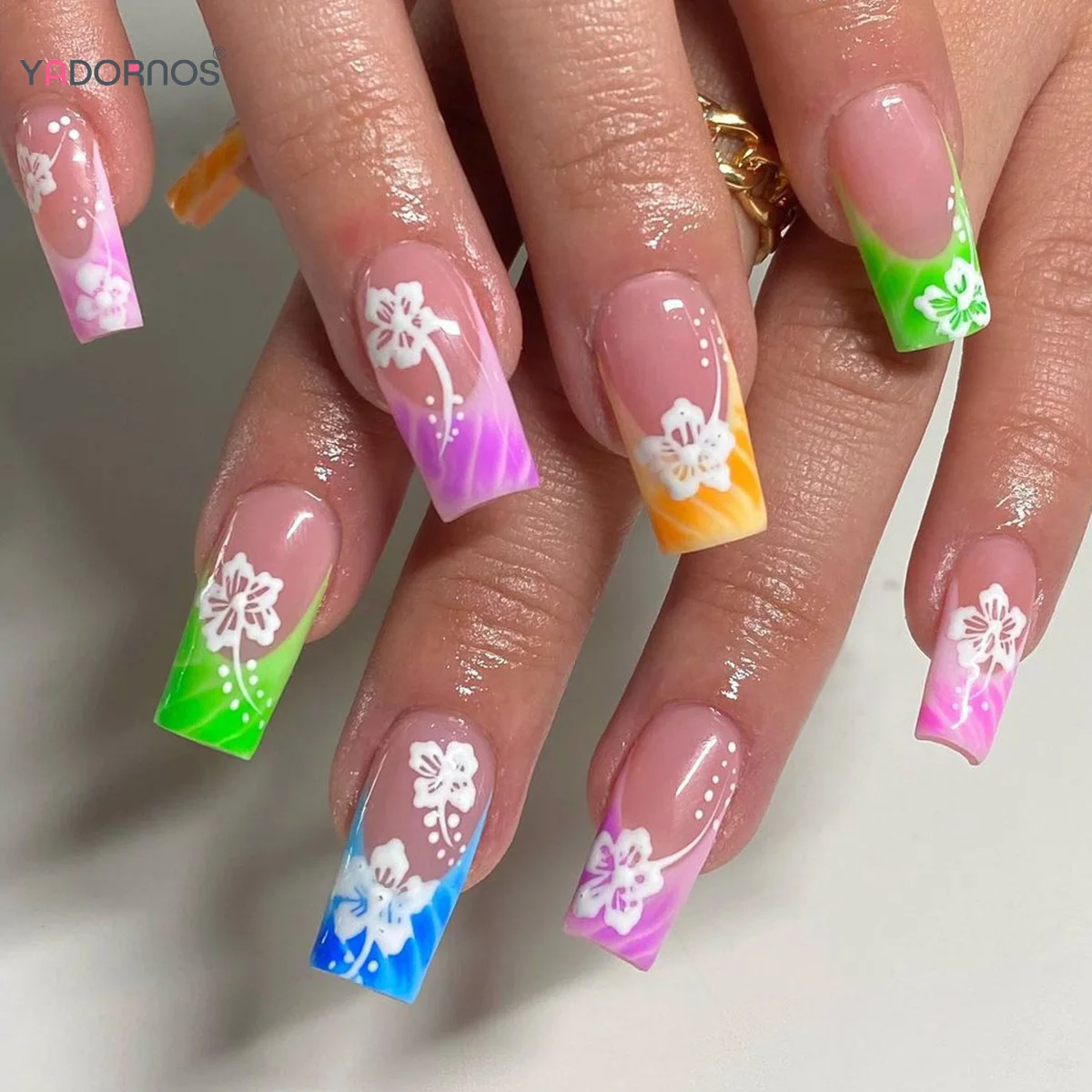 Summer Press on Nails unghie finte colorate in stile francese lunghe ballerine Charms Manicure Flower Designs punte per unghie finte coreane