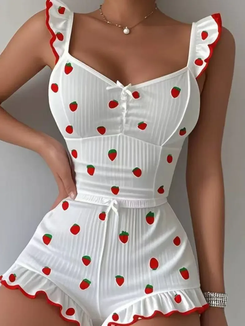 

New Korean Spicy Girl Style Suspender Shorts Sexy Ruffled Multi-color Heart Print Plaid Casual Home Wear Shorts Slimming 328X