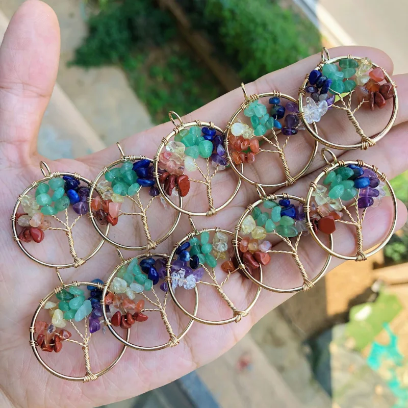 

12pcs 30mm Gold Wire Wrap Chip Stone Beads Tree of Life Natural Pendant Healing Crystal Charms Jewelry Making Gift Wholesale