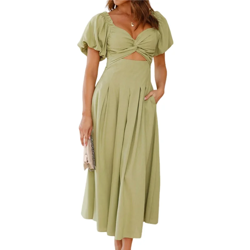 ASDS-Vestido largo bohemio de verano para mujer con cuello en V, lindo vestido largo acampanado de manga corta con bolsillo