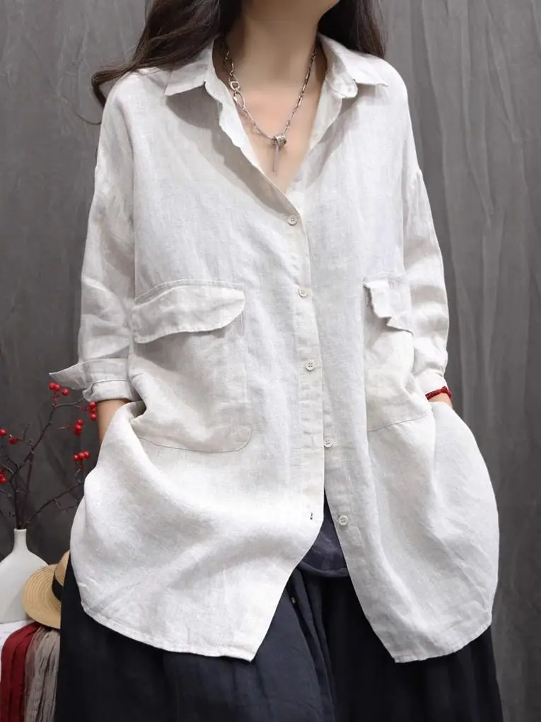 

Loose Fit Linen Sun Protection Shirt Jacket Casual Long Sleeve Relaxing Style Spring Outerwear Women's Commute Fashion
