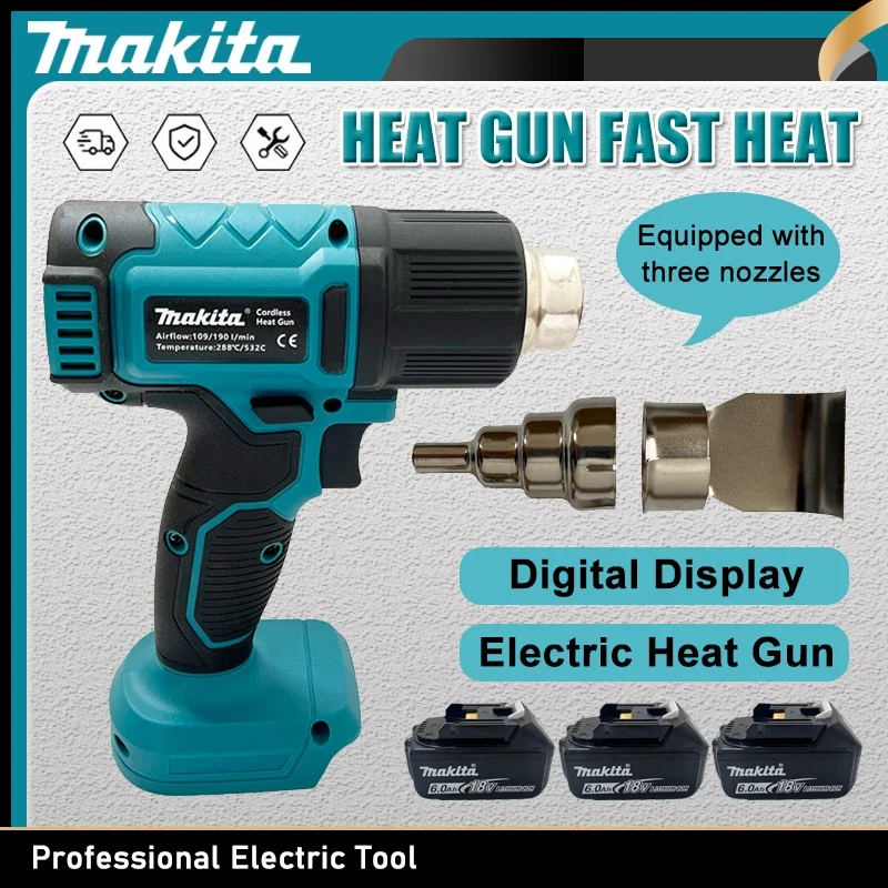 

Цифровой электрический термофен Makita с дисплеем, беспроводной, 2 насадки, промышленный, для термоусадочной пленки, для аккумулятора 20В