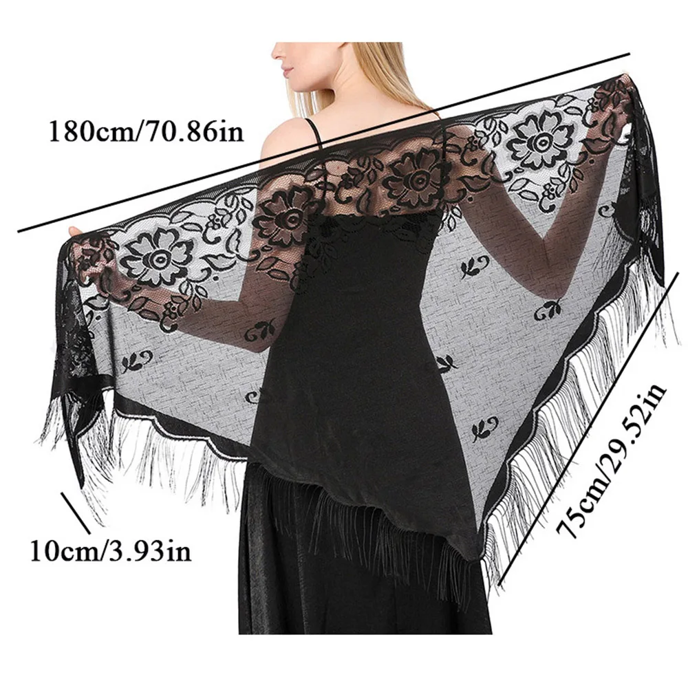 Women Elegant Long Fringe Muslim Hijabs Summer Lace Tassels Triangle Scarf Crochet Floral Sheer Hollow Out Breathable Scarves