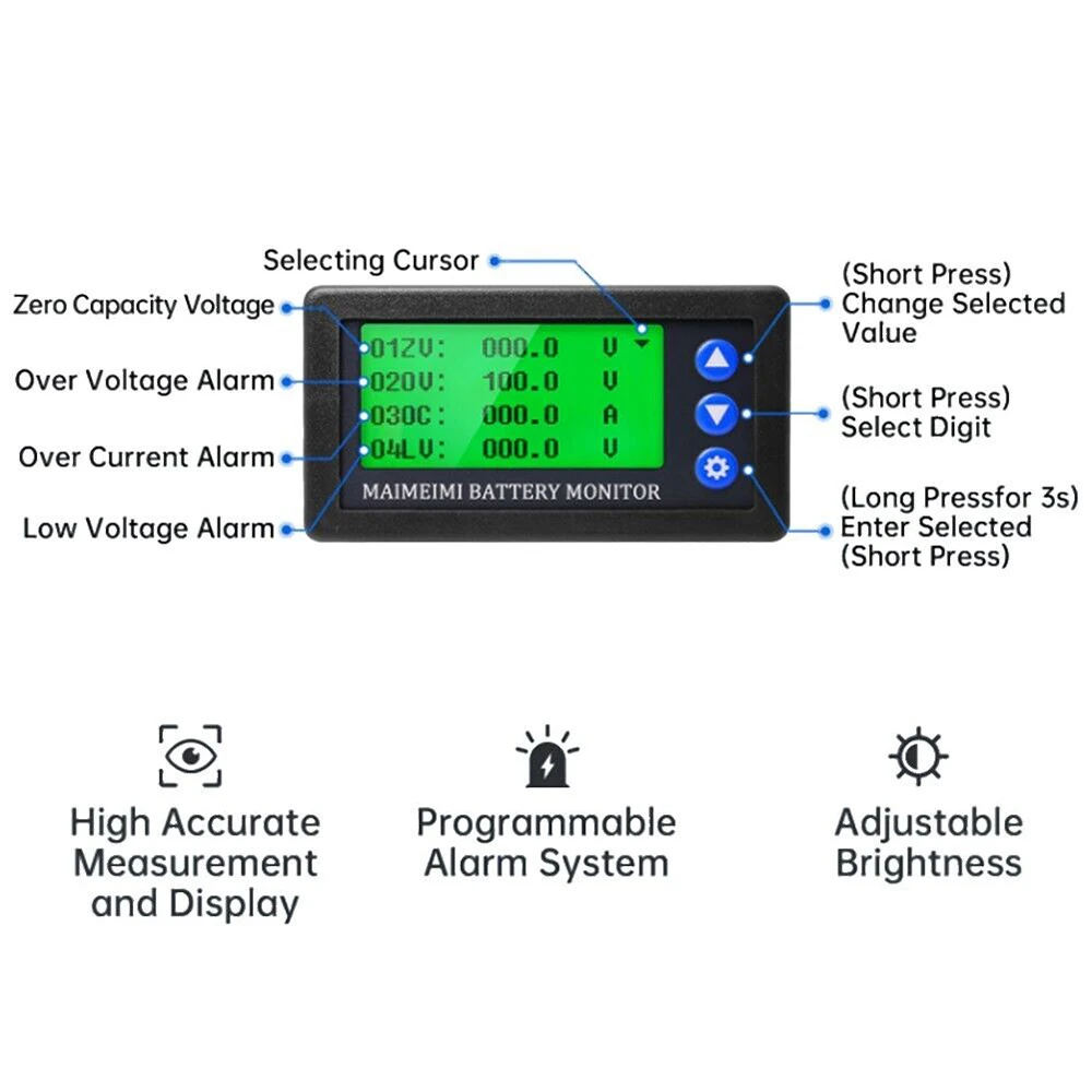 H56CH LCD Digital Hall Coulomb Meter Ammeter Voltmeter DC9-100V 50A 100A 300A 400A Voltage Current Power Meter Battery Indicator